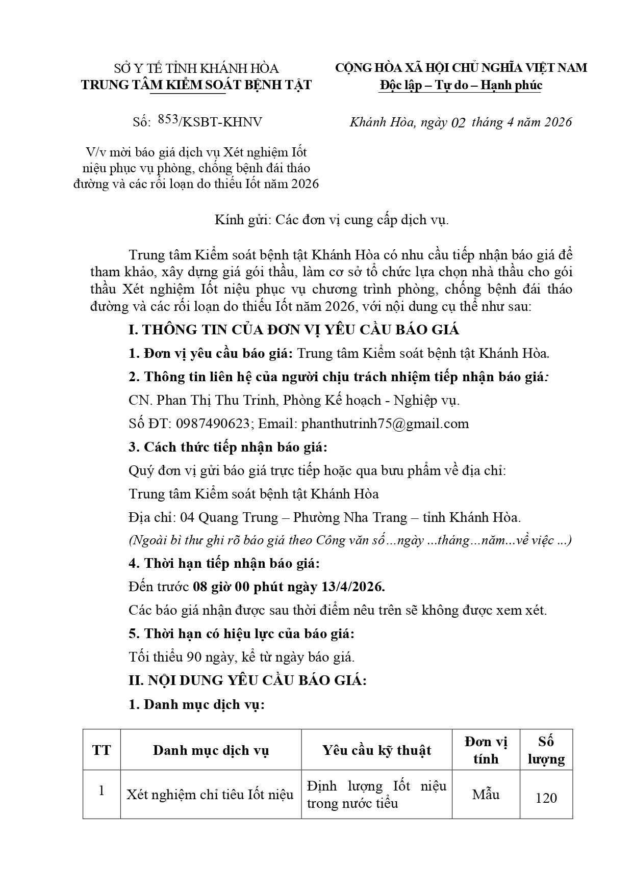 V/v mời báo giá dịch vụ Xét nghiệm Iốt niệu phục vụ phòng, chống bệnh đái tháo đường và các rối loạn do thiếu Iốt năm 2026